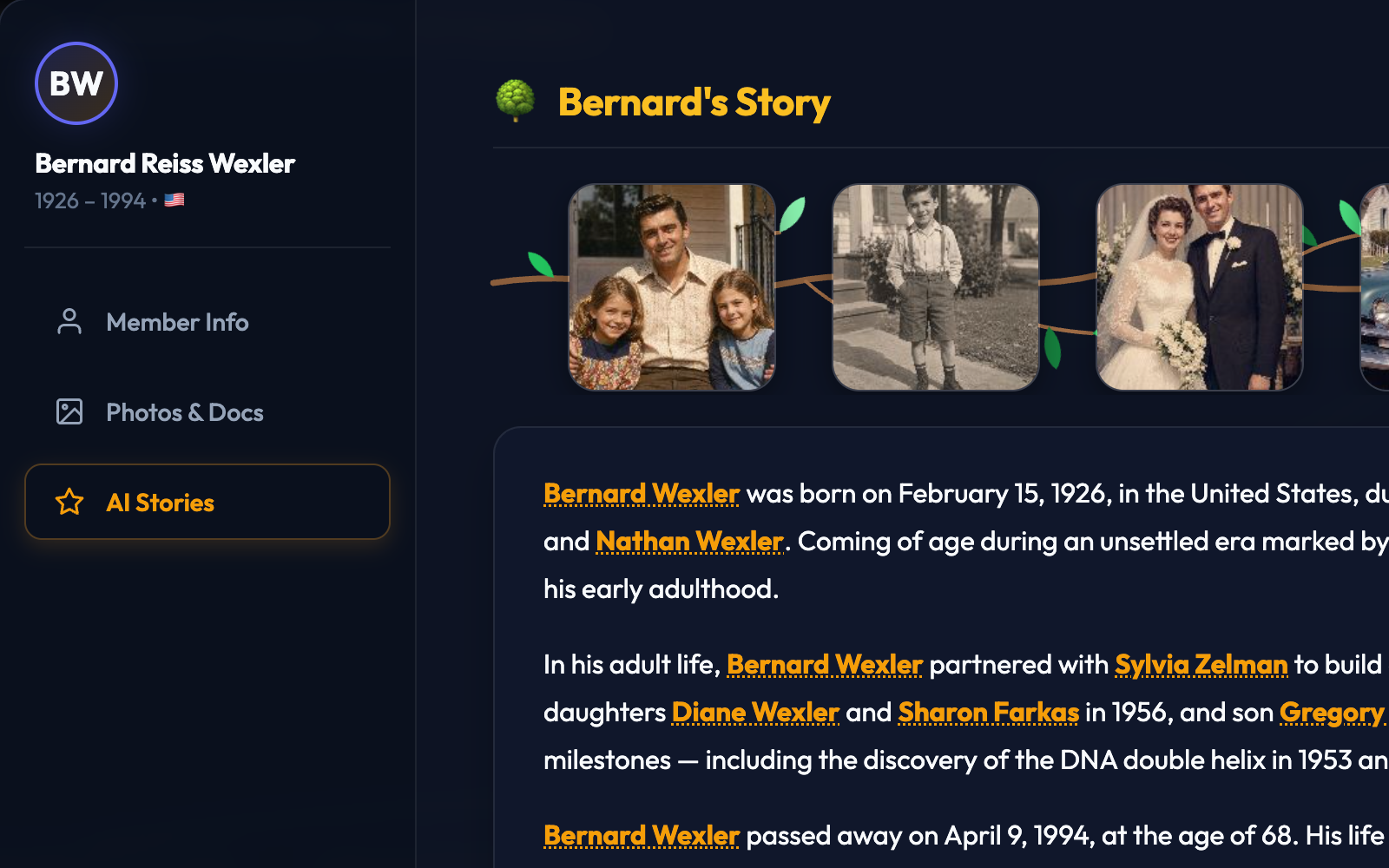 Photos, documents, and AI biographies preview